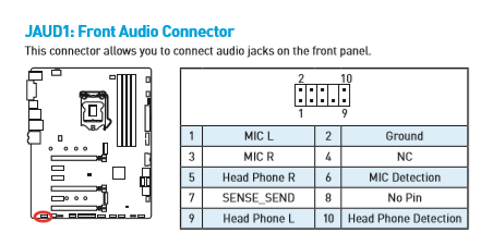 Front audio connector no sound motherboard diagram