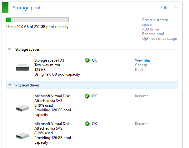 Storage spaces configuration with 2 virtual disks