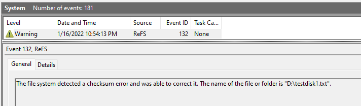 event viewer refs with integrity streams result