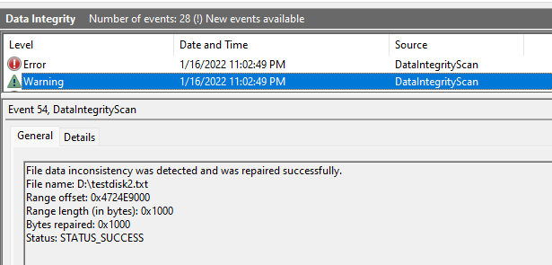 data integrity scan task results on event viewer