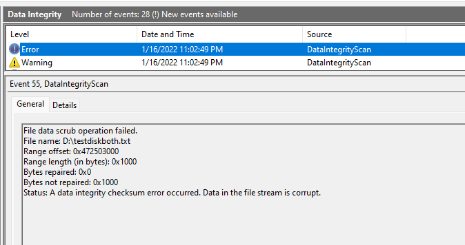 data scrub scan for refs with integrity streams results