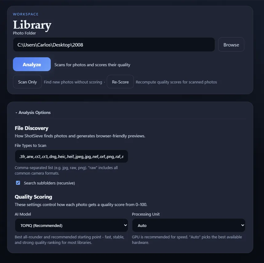 ShotSieve Library tab showing a local photo folder ready for AI analysis