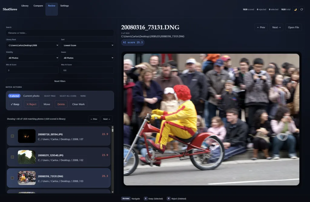 ShotSieve desktop review interface for local AI photo culling