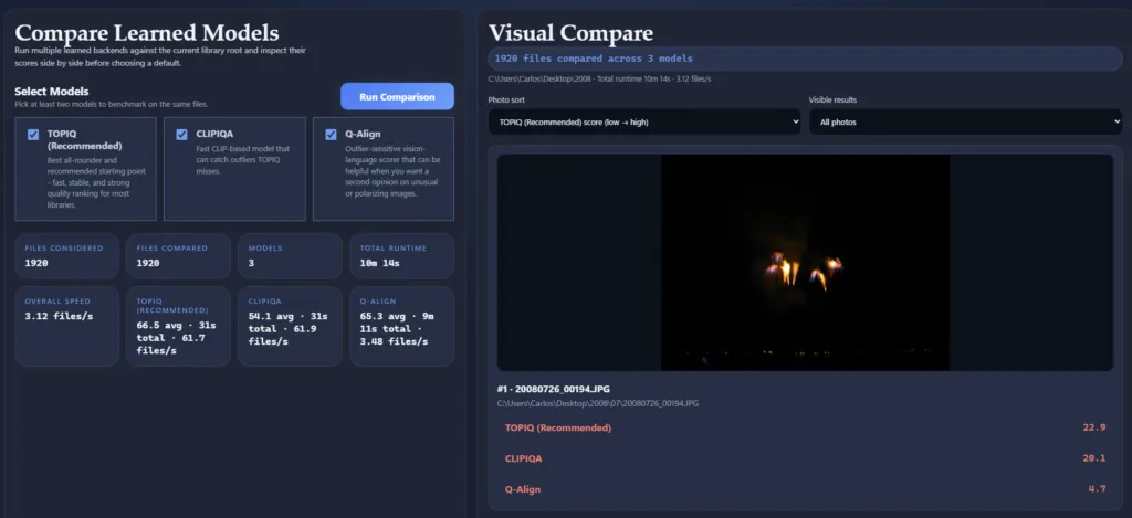 ShotSieve Compare tab for testing AI photo quality models on the same image library