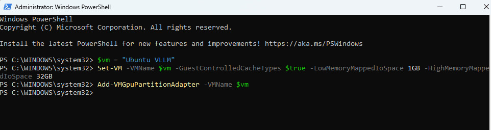 PowerShell terminal output showing successful execution of Add-VMGpuPartitionAdapter command
