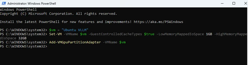 PowerShell terminal output showing successful execution of Add-VMGpuPartitionAdapter command